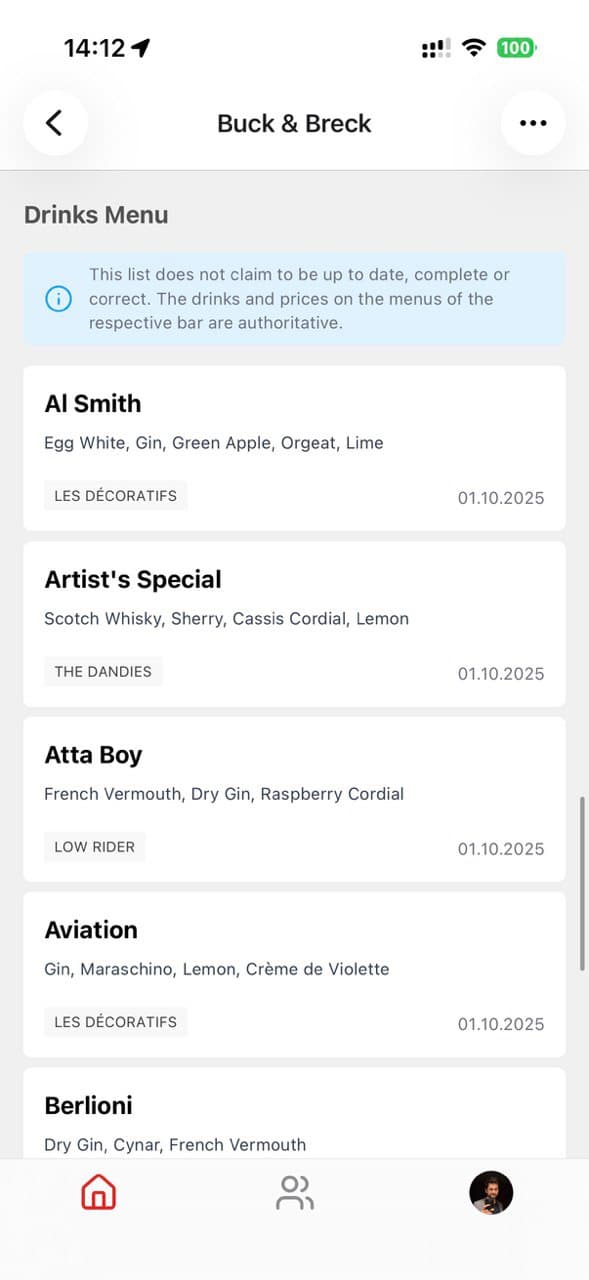 App screenshot — drinks menu